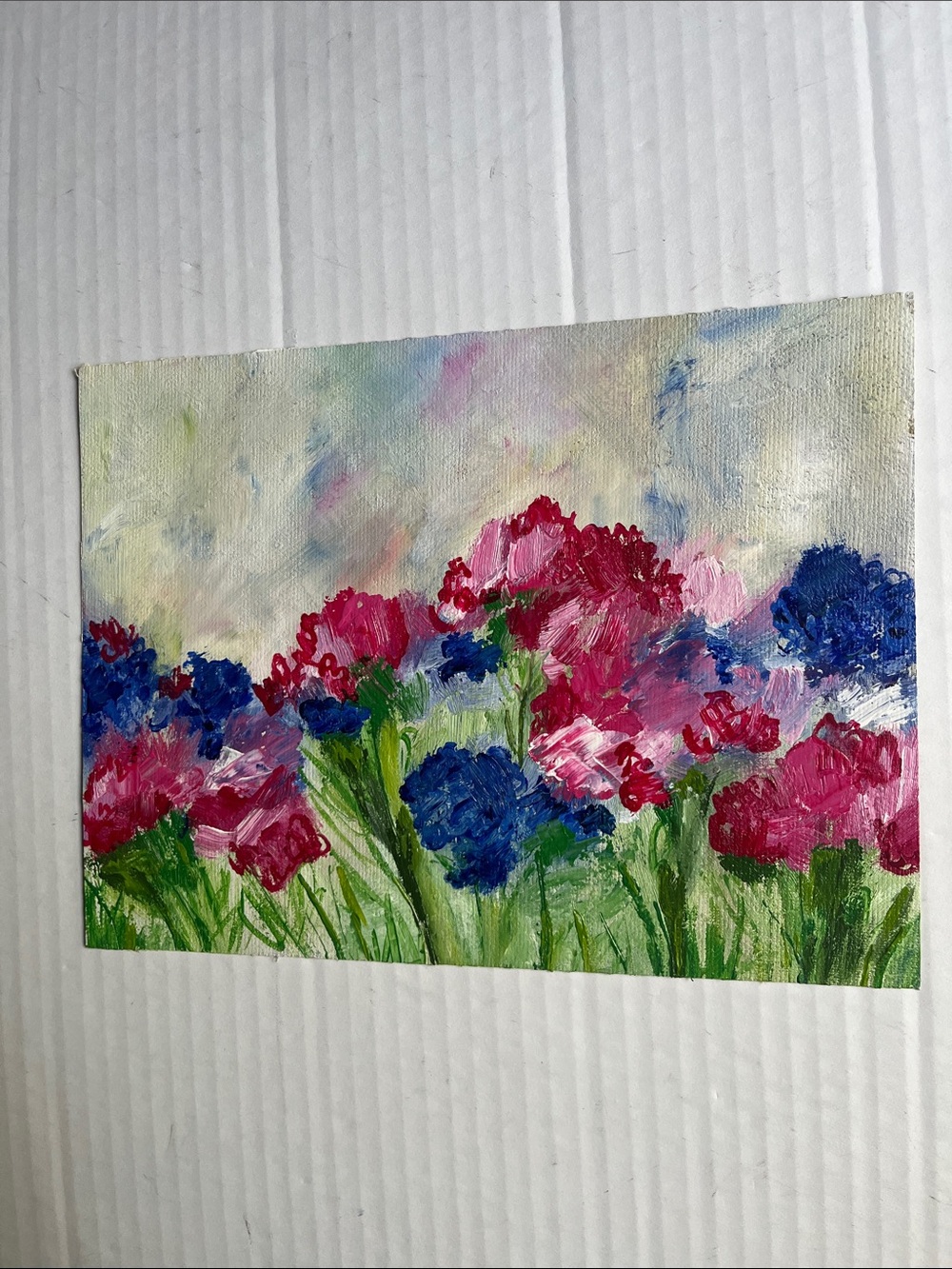 Floral Field Acrylic Art - Pink & Blue Abstract Flowers 8x10 Handmade